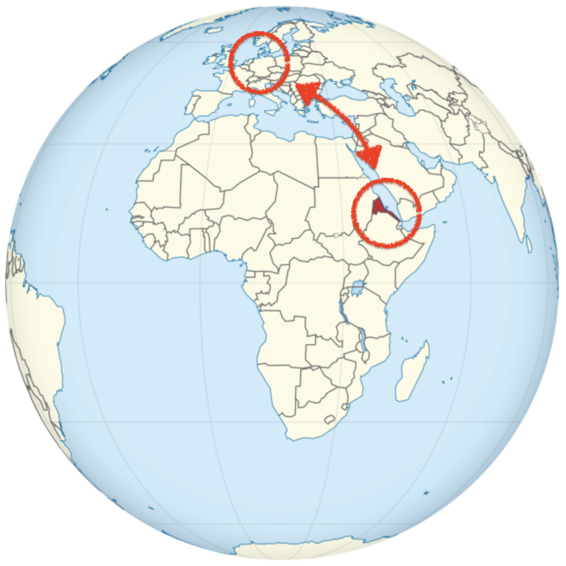 Das Bild zeigt eine Kartendarstellung der Erde: markiert sind die Länder Eritrea und Deutschland.